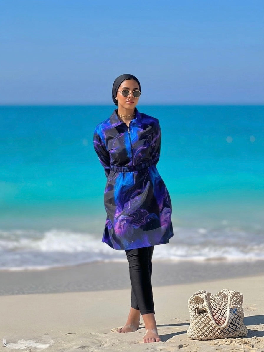 Galaxy Purple Zip Burkini Tunic & Black Leggings Set