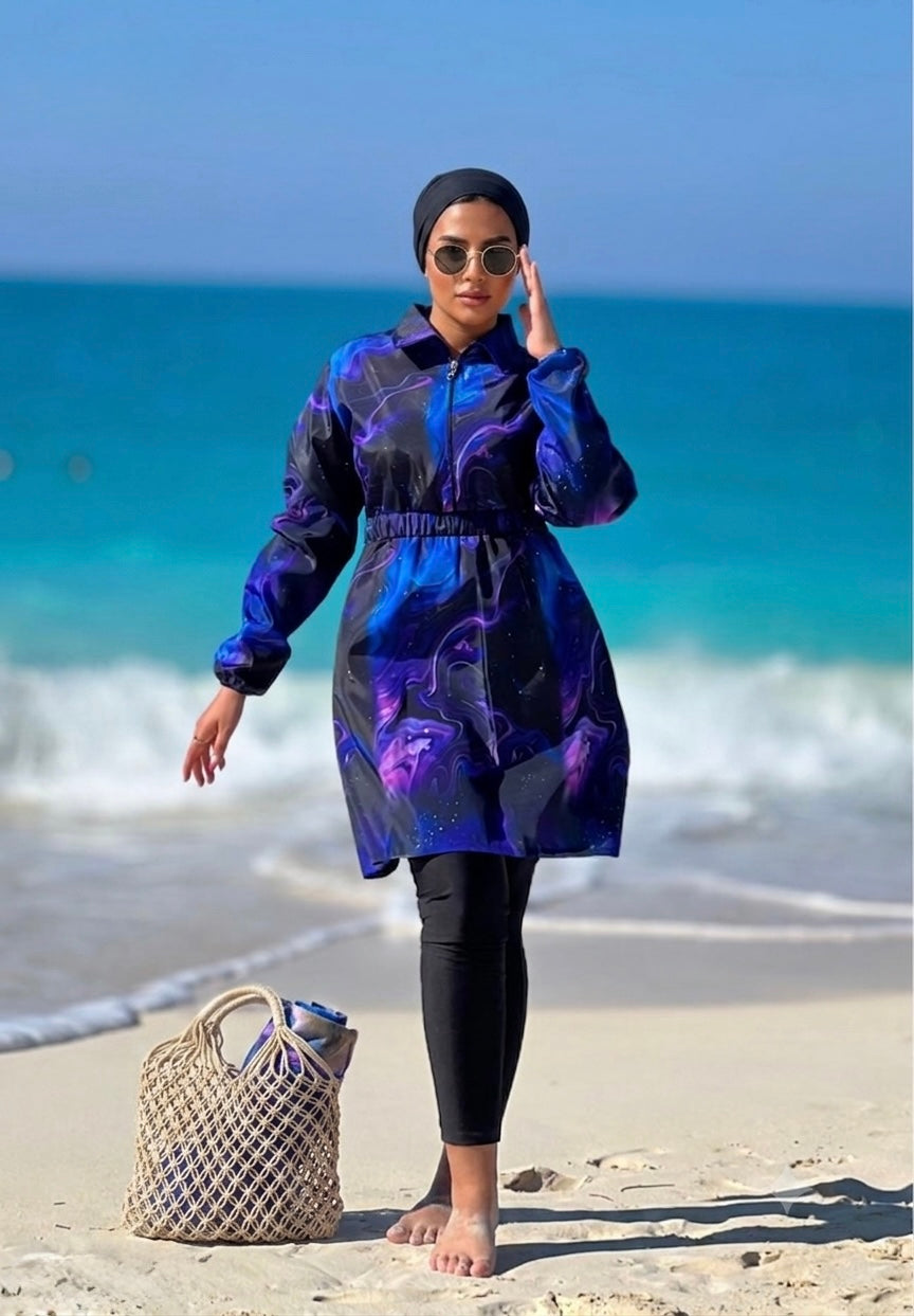 Galaxy Purple Zip Burkini Tunic & Black Leggings Set