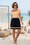 Peach Eyelet Crop Top Black Shorts Set Front