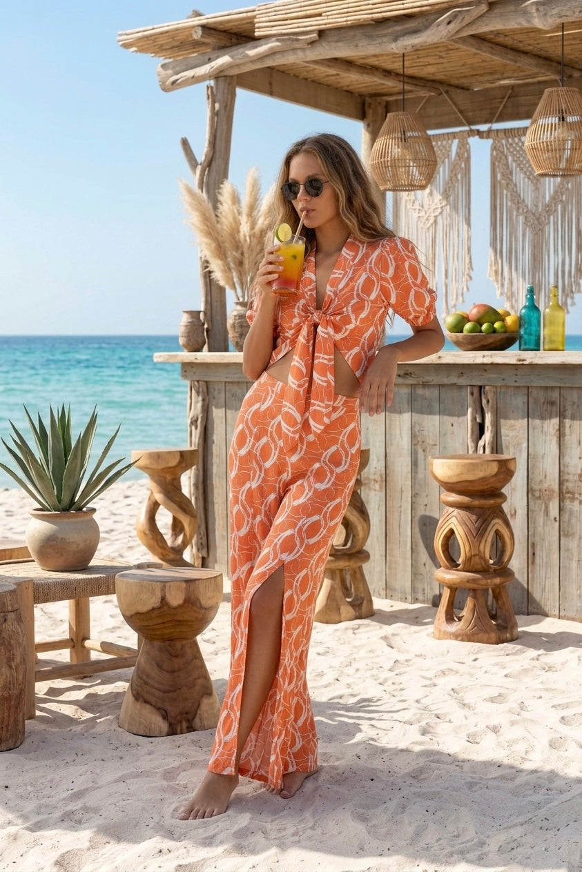 Orange Chain Print Set Beach Bar
