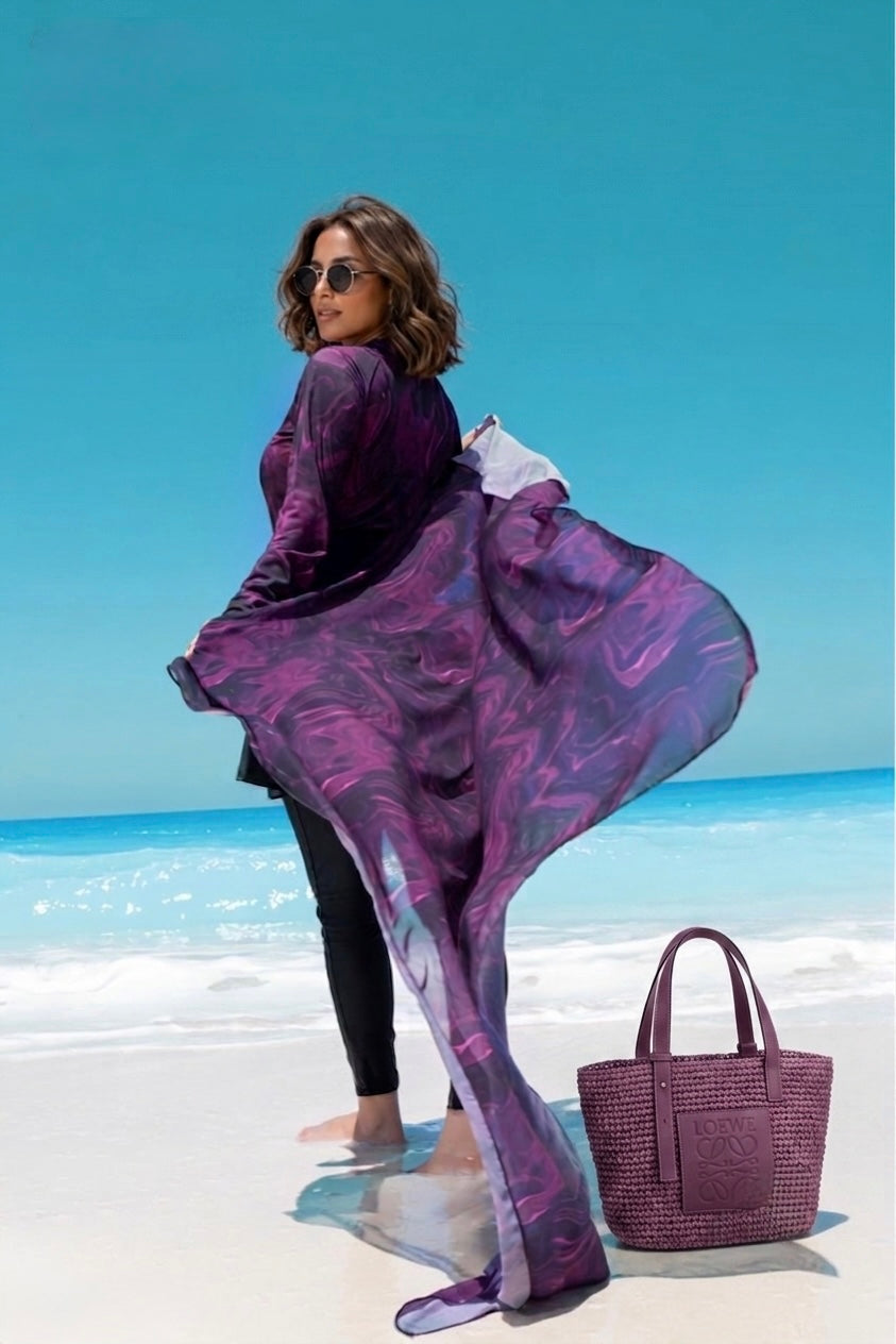 Purple Marble Burkini Set with Sarong Back View