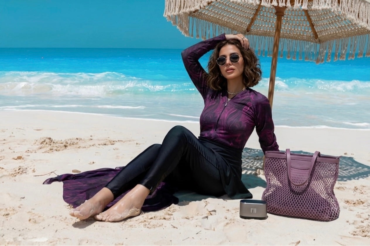 Purple Marble Burkini Set Seated Beach
