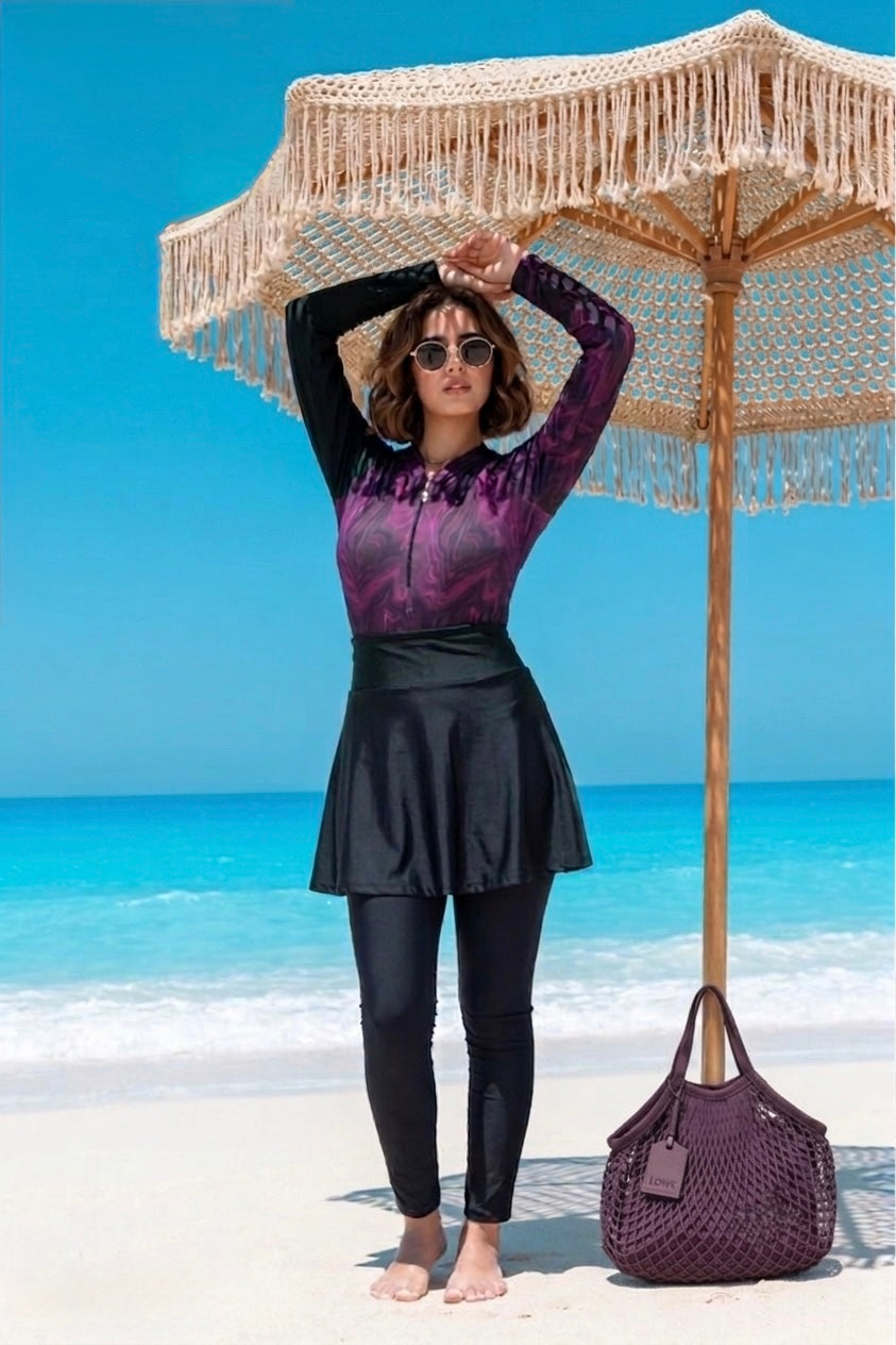Purple Marble Burkini Set Full Front with Skirt