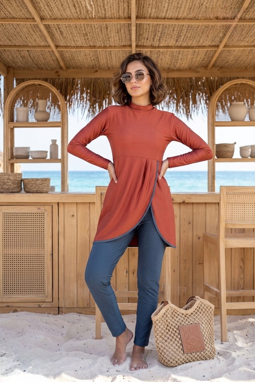 Rust Burkini Tunic Grey Leggings Front View