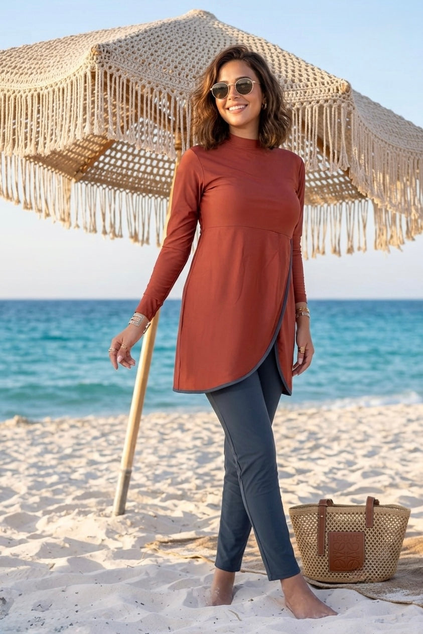 Rust Burkini Tunic Grey Leggings Beach View