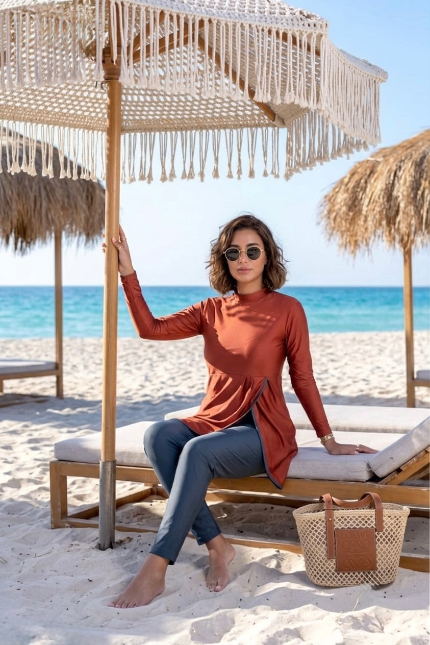 Rust Modest Swimwear Top Grey Leggings Set