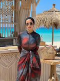 Dark Red Black Tie-Dye Burkini Set Beach Bar