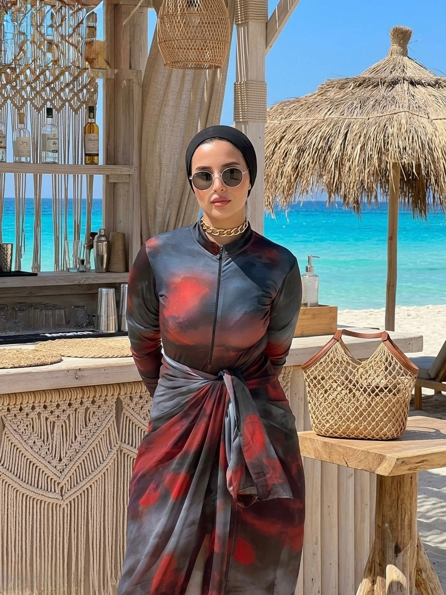 Dark Red Black Tie-Dye Burkini Set Beach Bar