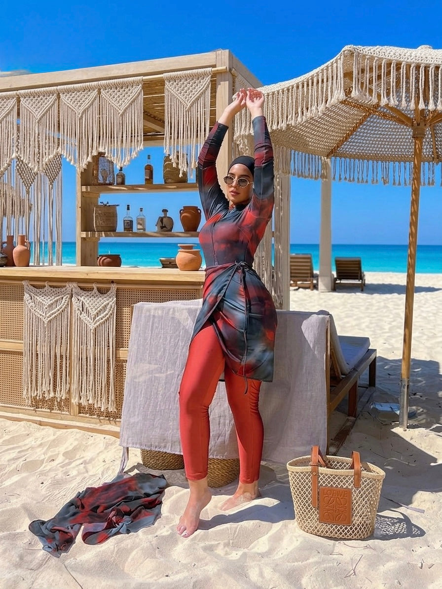 Dark Red Black Tie-Dye Burkini Set Arms Up