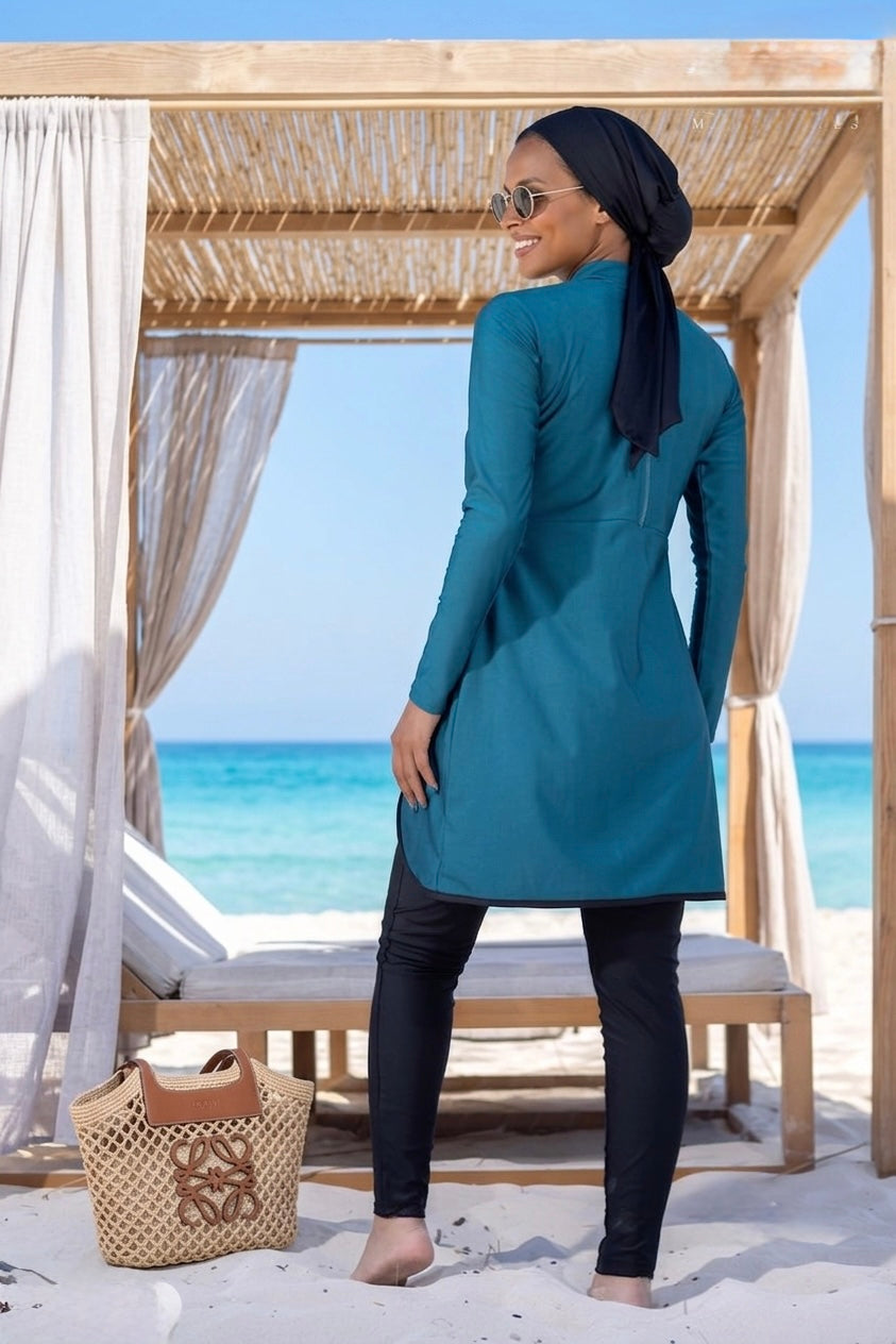 Teal Burkini Tunic Black Leggings Back View