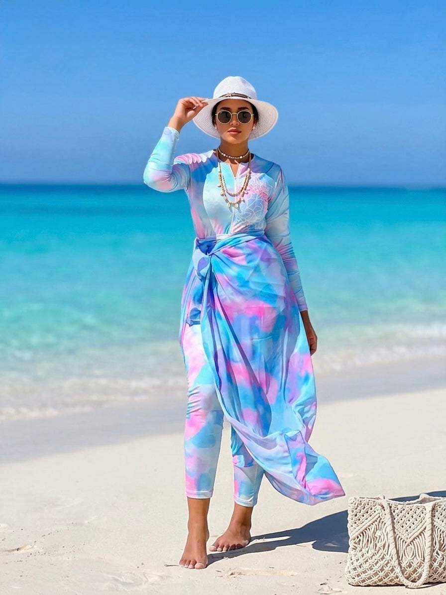 Blue Pink Tie-Dye Burkini Set with Sarong Beach