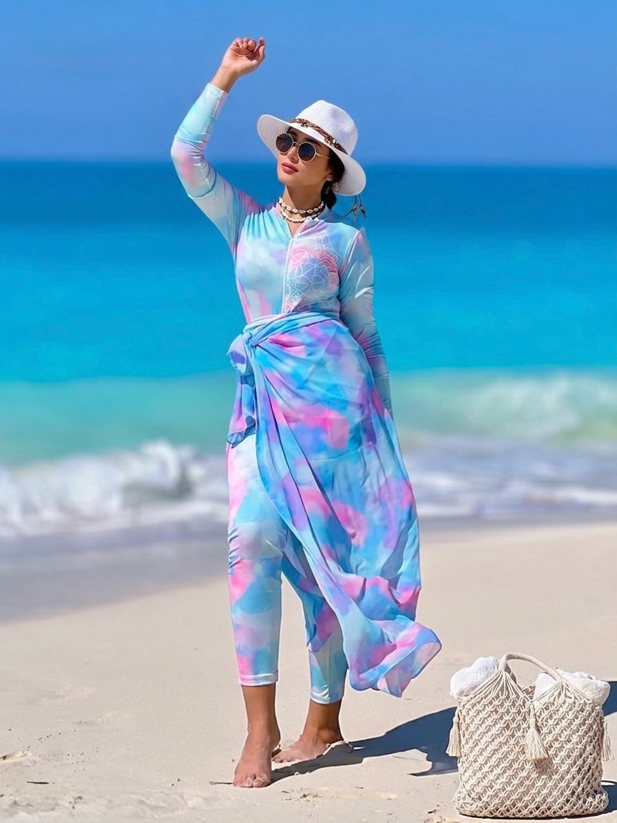 Blue Pink Tie-Dye Burkini Set Sarong Flying