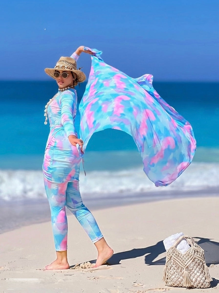 Blue Pink Tie-Dye Burkini Set Sarong Seated